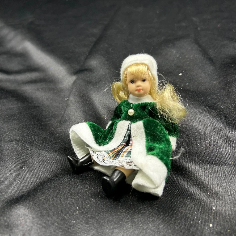 Vintage Miniature Porcelain Doll Green Velvet Winter Coat Blonde Pigtails 4 inch